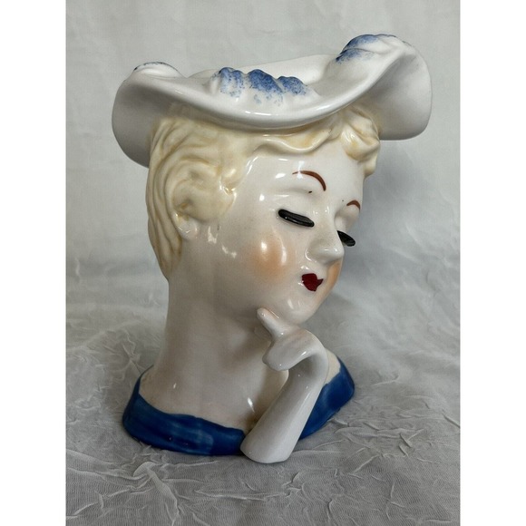 Vintage Lady Head Vase, Blue, Hand To Face, Striking - Picture 5 of 7